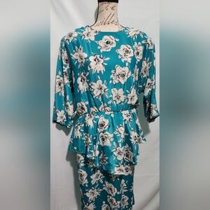 Vintage 80s Leni Teal Floral Tiered Satin Dress. Size 14. Made in USA. RN 74652